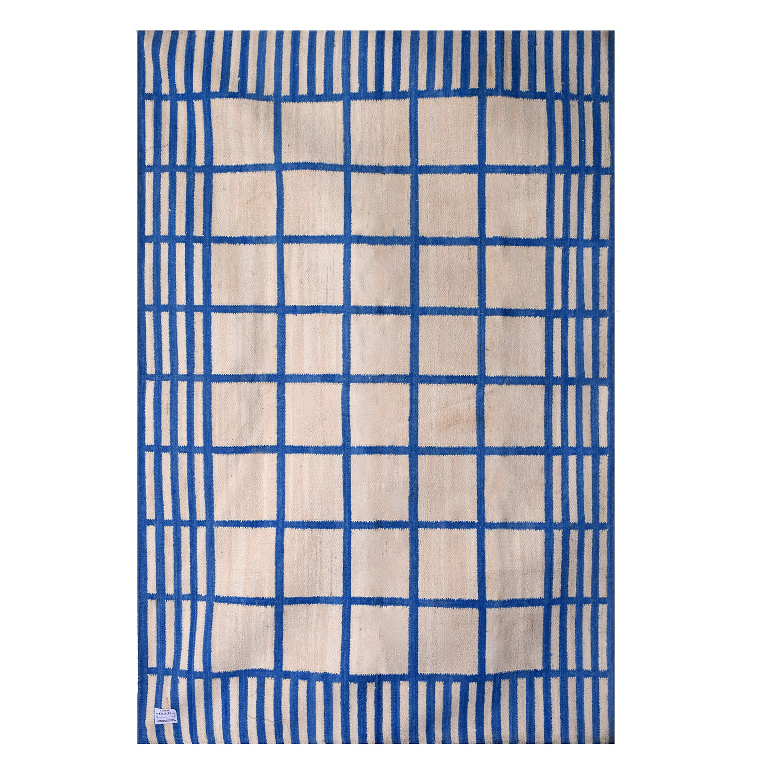 Geometric Handwoven Cotton Dhurrie Rug Color Blue and Beige Design Carpet Rug