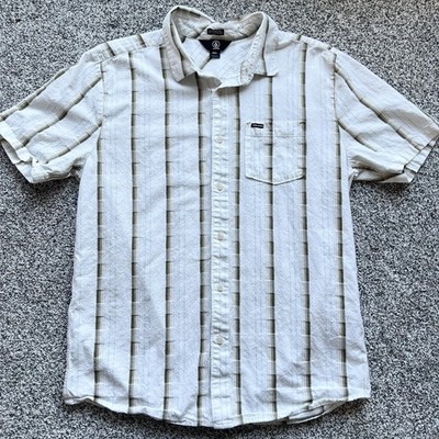 Volcom Barrun Stripe Shirt Mens Large Classic Fit Short Sleeve White Khaki