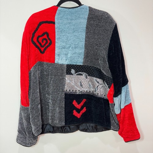 Chaqueta De Colección Roja Gris Chenilla Bordada Patchwork Para Mujer XL Artística Años 80 Abuela - Imagen 6 de 11