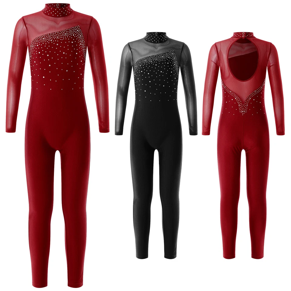 Girls Mock Neck Sparkly Long Sleeve Skating Unitard Catsuit Gymnastics Jumpsuit - Image 4 of 4