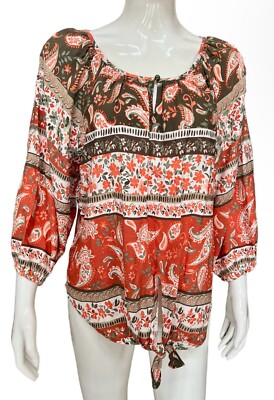 Allison Daley Paisley Stripe Blouse Tie Hem Top 3/4 Sleeve Shirt Size L New NWT