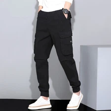 Men Drawstring Cargo Jogger Pants Work Trousers Elastic WaistTapered Cuffed