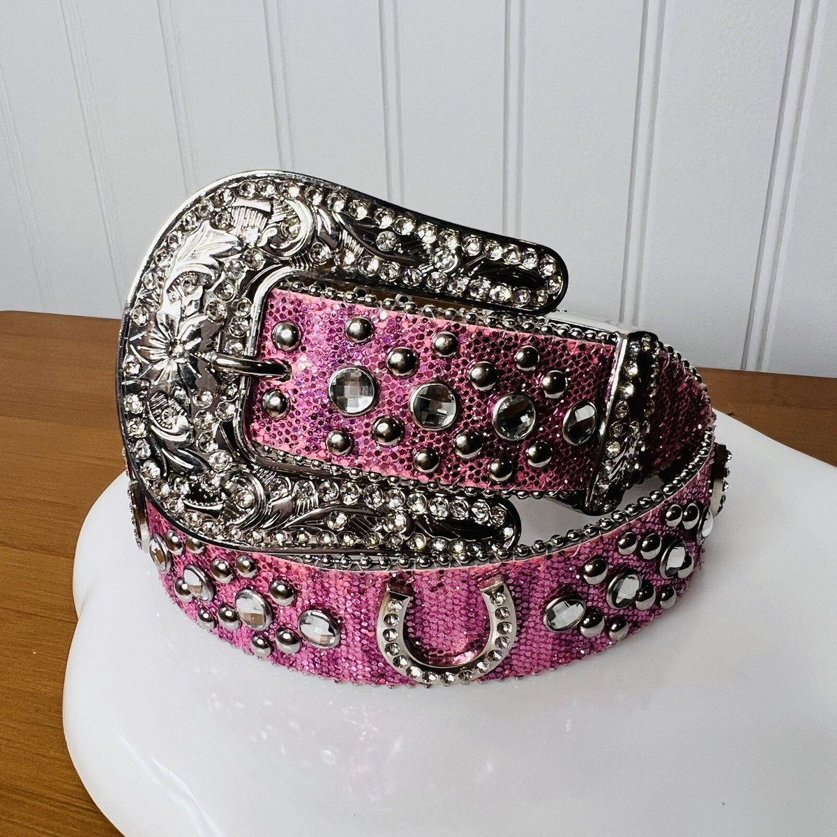 Pink Cowgirl Sz 26 Western Rhinestone Belt Horseshoe Leather 