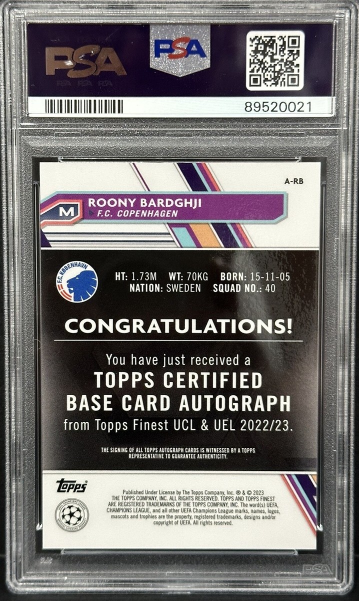 2022-23 Topps Finest UCC RC Roony Bardghji Auto Blue /150 PSA Gem