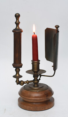 SIGNED ITALY BRASS WOOD VICTORIAN CANDLE HOLDER WITH HANDLE AND RELECTOR