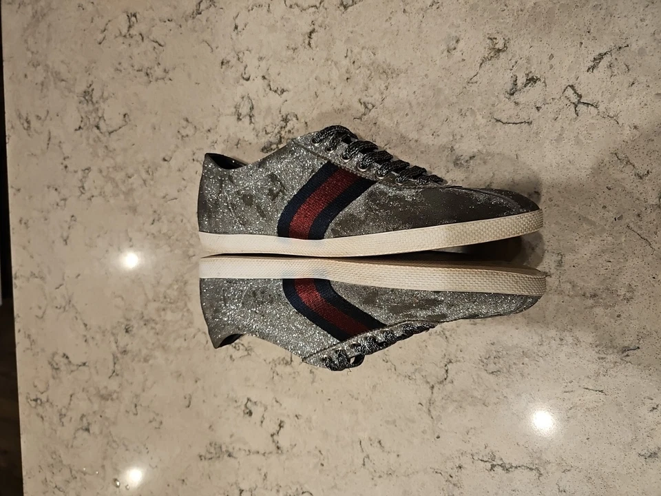 Gucci Bambi Plateado Brillo Metálico Tachuela EE. UU. Hombres 7 Mujeres 8.5 Zapatos Tenis Foto 4 de 4