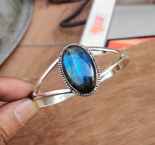 Beautiful Labradorite Gemstone 925 Sterling Silver Handmade Bracelet Cuff RM-25