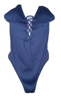 NWT Cupshe 1 Piece Swimsuit XL Navy Blue Ribbed Corset Ties Adjustable X Large