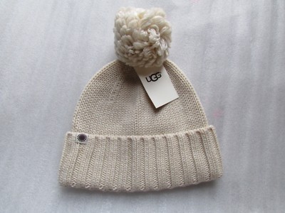 UGG Hat Ribbed Knit Yarn Pom Cuff Beanie Gray Cream Black  display picture 1