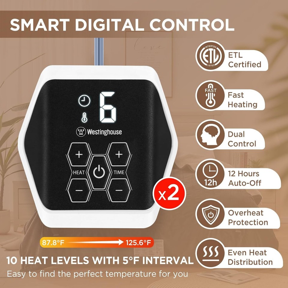 Westinghouse King Size Navy Blue Heated Blanket 100x90 Inches Auto Shut