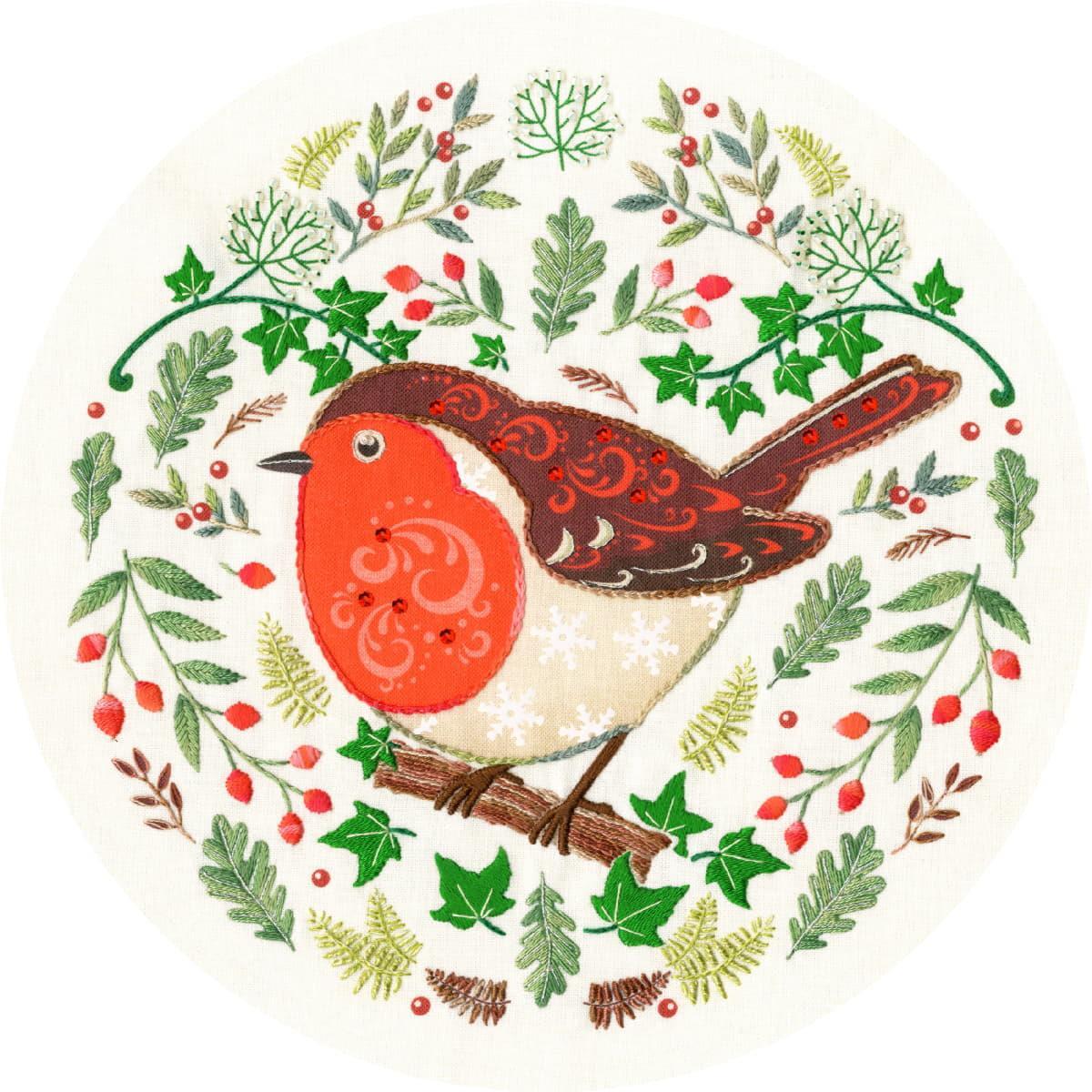 Bothy Threads stamped embroidery kit ""Folk Robin"", EKP3, Diam. 20cm, DIY