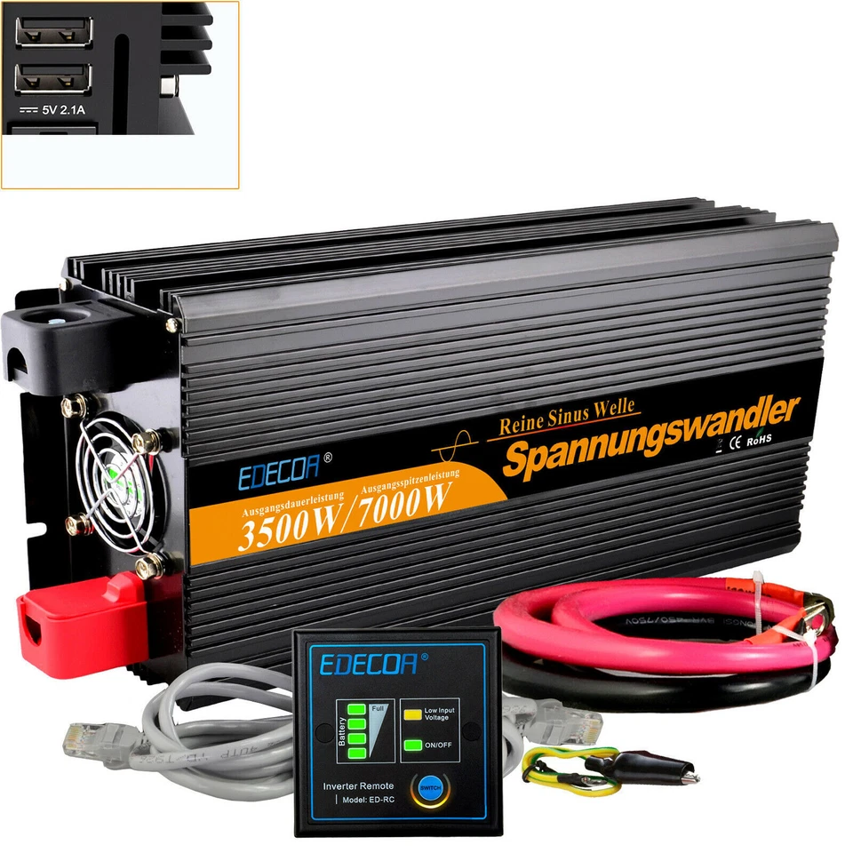 EDECOA 3500W Inversor Onda Pura 12V 220V Convertidor Transformator Camper - Imagen 1 de 4