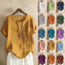 Summer Womens Cotton Linen Tunic Blouse Tops Ladies Short Sleeve Shirt Plus 8-22