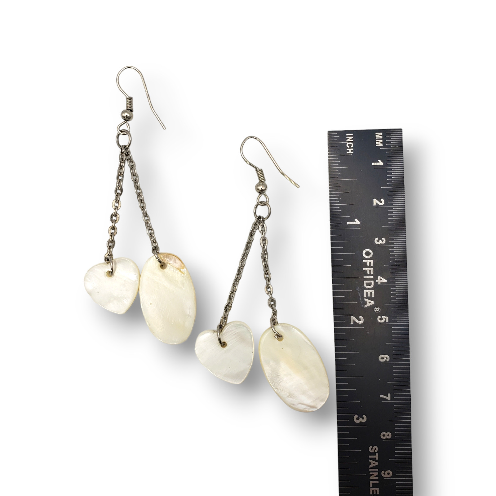 Oval Heart Shaped MOP Shell Dangle Drop Chain Ear… - image 4