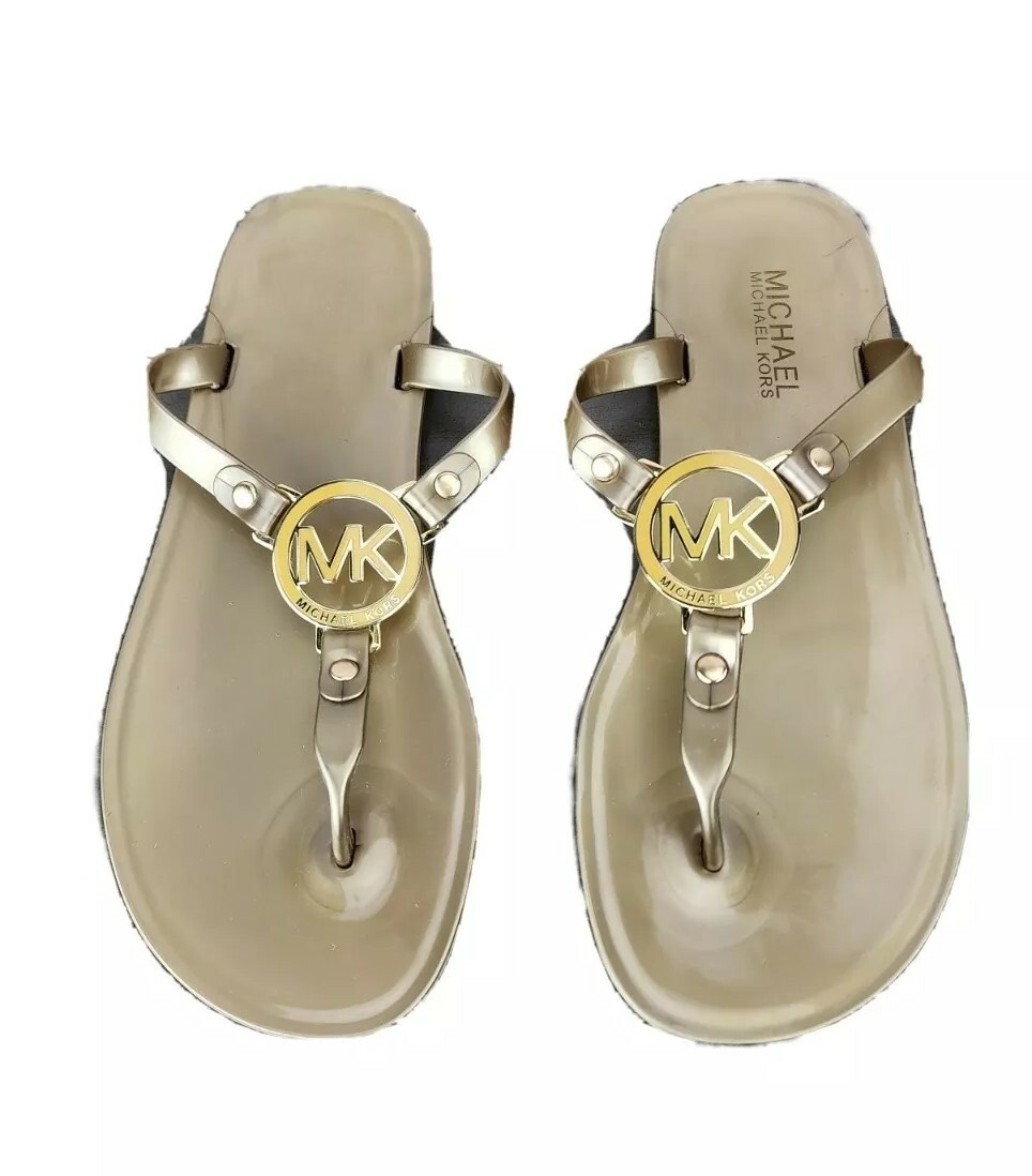 Michael Kors Jelly Thong Sandals Gold Colored with MK Logo Approx Size - Main Image