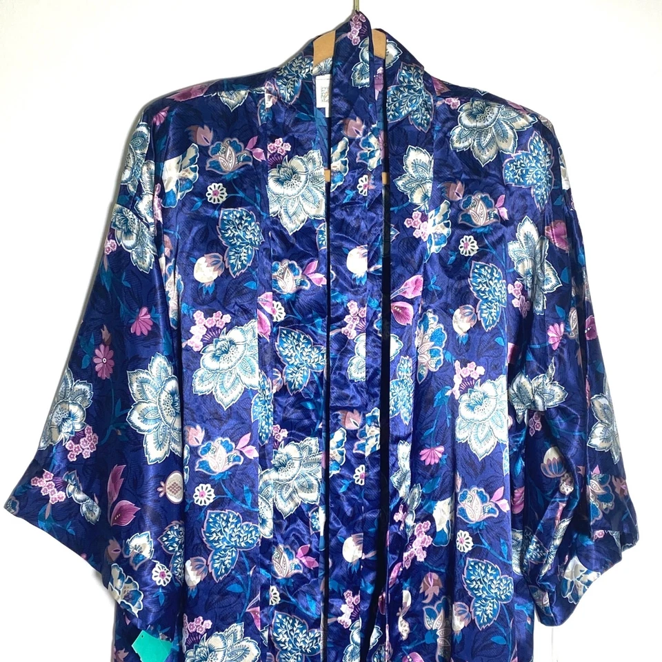 Vintage California Dynasty Slip & Robe Set Navy Blue Floral Silky Satin New Sz S - Image 2 of 4
