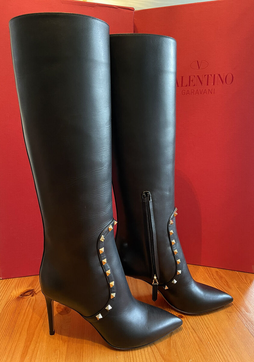 Valentino Rockstud Black Leather Knee High Boots Heel EU38.5 Valentino Rockstud Black Leather Knee High Boots Heel EU38.5