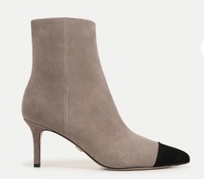NWD 495 Veronica Beard Lisa Cap-Toe Mid Heel Bootie Taupe Black Womens Sz 10 M