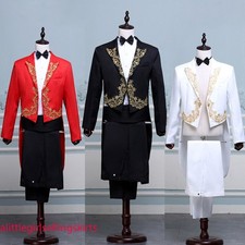 Men Embroidered Lapel Tuxedo Tailcoat Suit Jacket Pants Prom Wedding Luxury