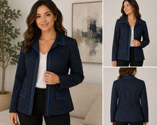 Sag Harbor Women  s Size 10 Blue Black Textured Open Front Blazer Jacket Career
