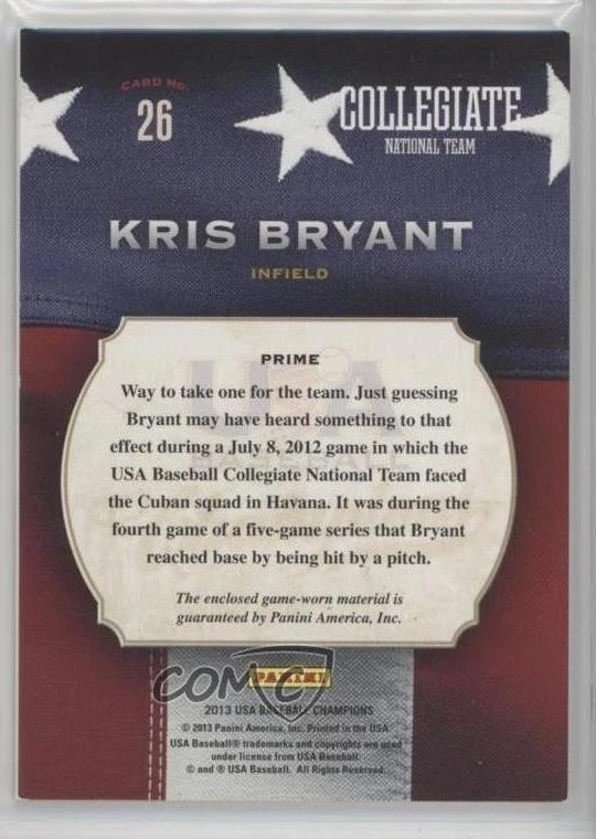 2013 Panini USA Baseball Champions Game Gear Jerseys Prime /99 Kris Bryant #26 - Image 2 of 2