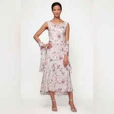 ALEX EVENING TEA-LENGTH COWL NECK (C2) DRESS WITH HIGH/LOW SKIRT AND SHAWL 12P