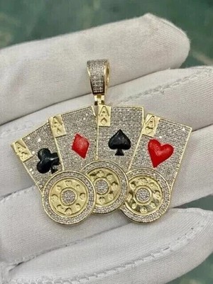 2Ct Round Cut Lab-Created Diamond 14K Yellow Gold Plated Aces Poker Card Pendant