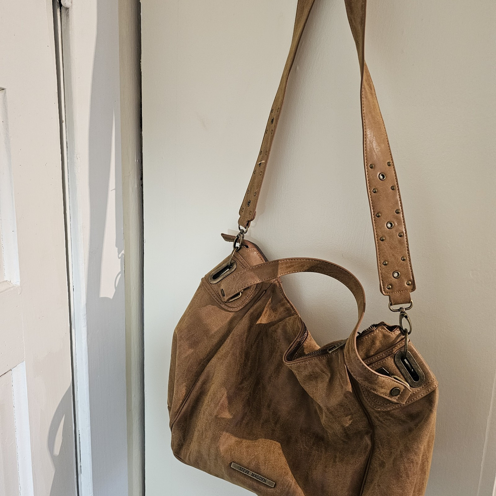 Steve Madden Brown Bronze Studded Faux Leather Hobo Crossbody Tote Bag