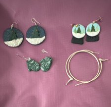 Lot of 4 Pair Green/White Metal Hoop & Dangle...