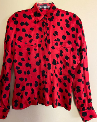 ESCADA SILK BLOUSE IN RED IRREGULAR DOTS IN BLACK TAILORED 38 M WEST GERMANY