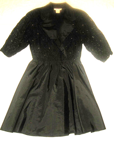 Halston, VtG 80s HALSTON lll Black Party Cocktail Dress Studded Lace Taffeta Skirt 8/10