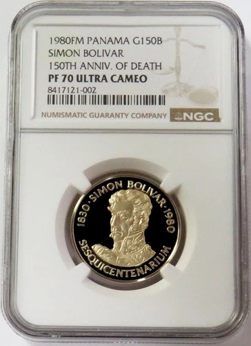 1980 FM GOLD PANAMA 150 BALBOAS SIMON BOLIVAR ANNIV OF DEATH NGC PF 70 UC