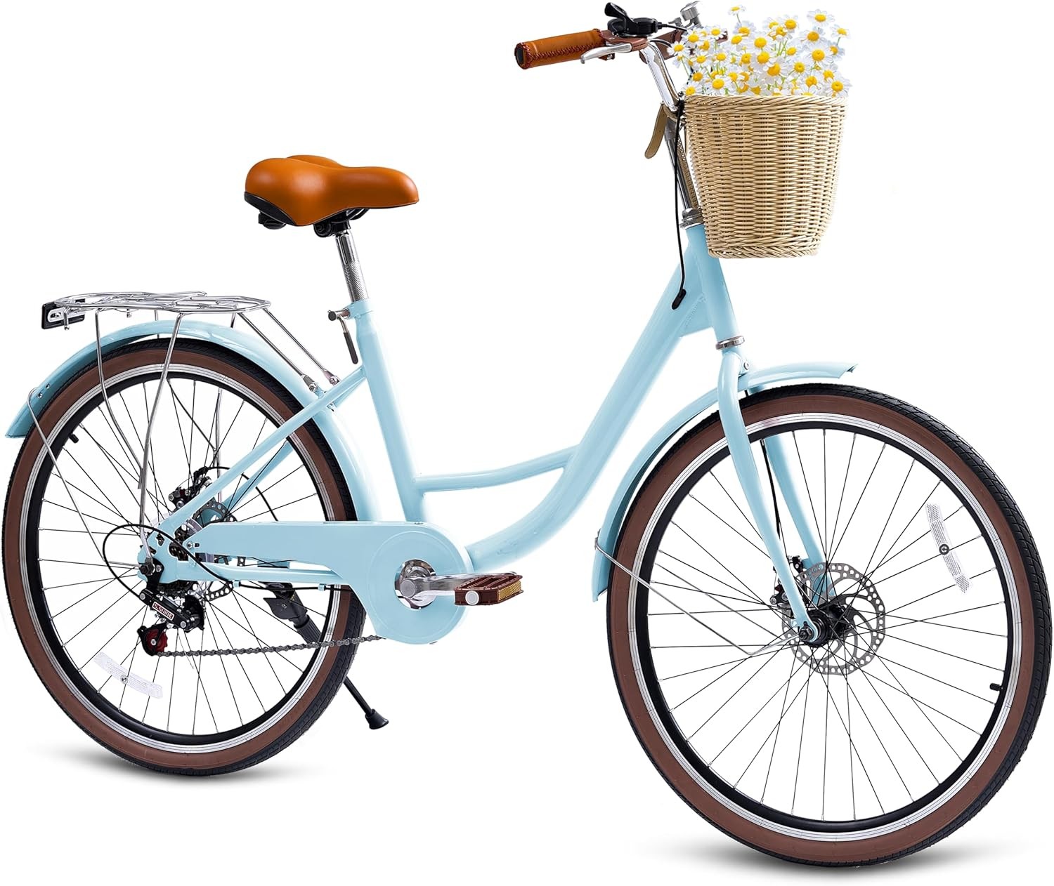 7-Speed Beach Cruiser Bike 24/26" City Bicycle w/Basket for Women Ladies Light