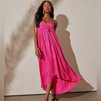 Hausen Tiered Sleeveless Hi Low Maxi Midi Billowy Dress Resort Boho Hot Pink S
