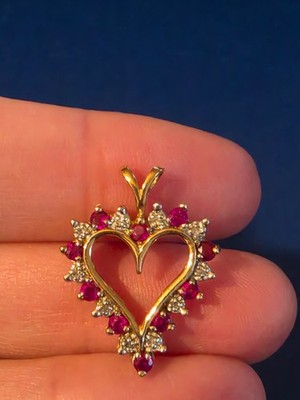 10K Yellow Gold Heart with Diamonds & Rubies Charm/Pendant 2.0g