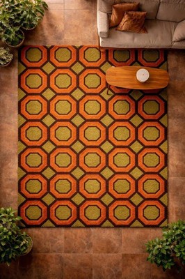 Handgetufteter Mid Century Modern Teppich - 70s Hexagon Pattern, Burnt Orange...