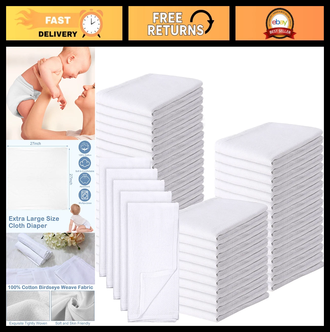 50 Count Reusable Cloth Diapers for Babies, 27x27 Inch Cotton Burp Cloths, Large