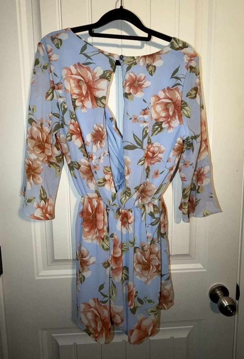 Everly Floral Print V-Neck Bell Sleeve Romper, photo 4