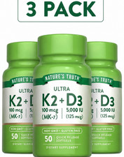 3 Pack Ultra Vitamin K2 D3 MK-7 100mcg D-3 5000iu 150 Quick Release Softgels