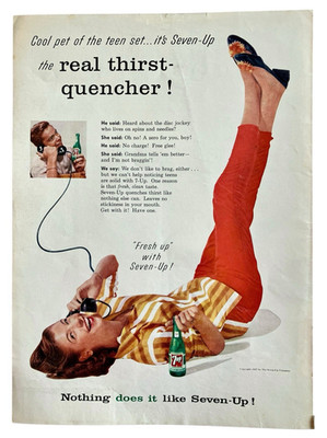 Vtg 7UP Print Ad 1950s Girl On Phone With Boyfriend Retro Wall Decor 1957