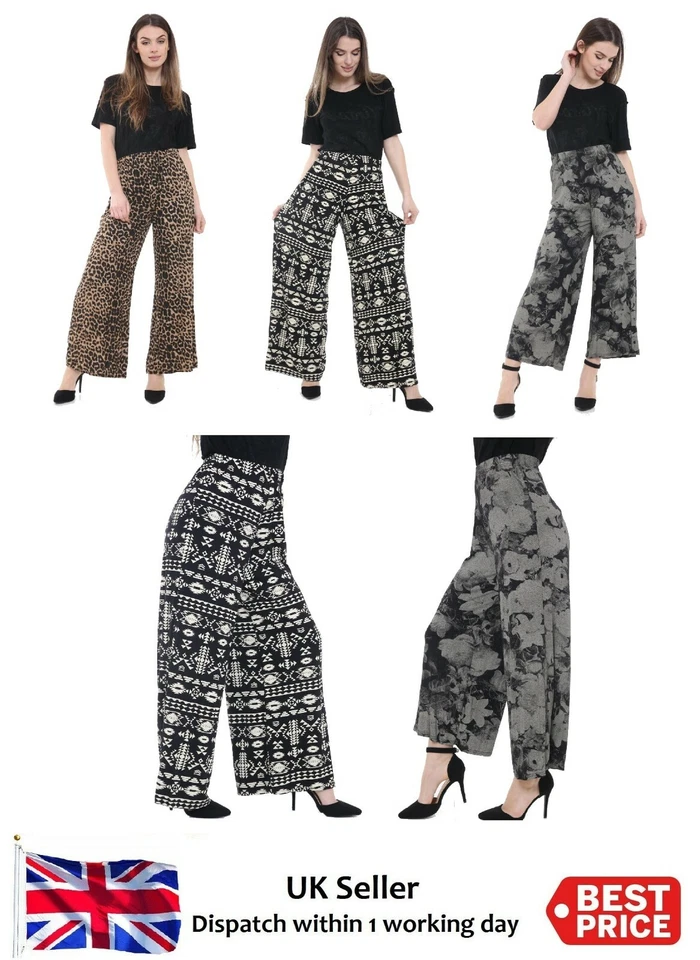 Ladies Floral Printed Wide Leg Flared Parallel Baggy Trousers Pants Palazzo 8-26 - Image 2 of 3