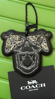 NEW COACH CHELSEA TATTOO SKULL/MOTH BLACK/MULTI LEATHER BAG CHARM