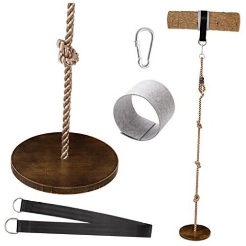  Wooden Round Disc Rope Swing 51”-73” Adjustable Climbing Rope Tree Swing with  - Picture 1 of 8