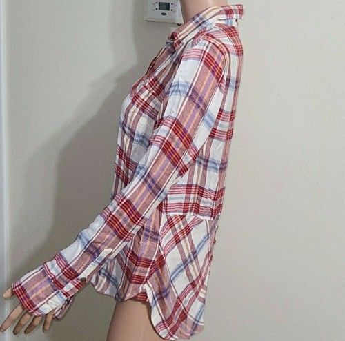 Lucky Brand Womens Boyfriend Plaid Button Front Shirt Size XS White Red Rayon - Picture 4 of 12