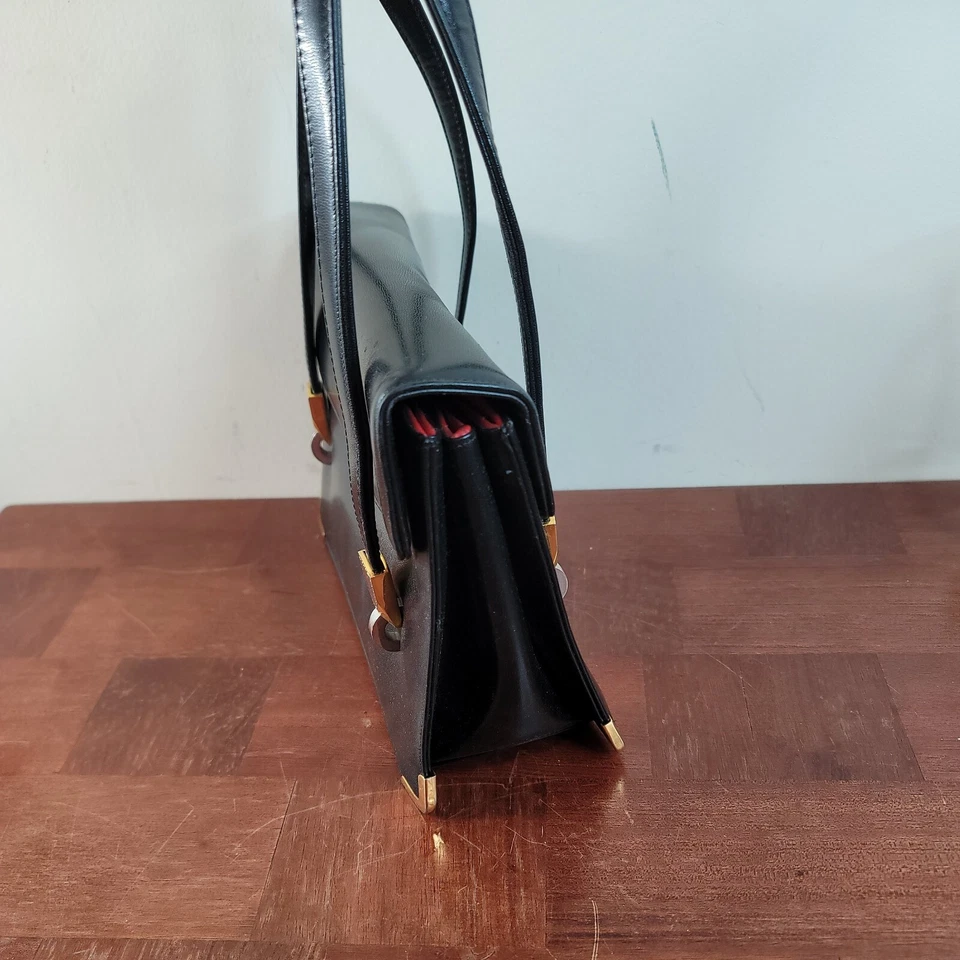 Koret Vintage Handbag Mid Century Black Leather Gold Hardware Shoulder Bag - Image 3 of 4