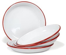 Set of 4 Enamelware Metal 10  Round Camping Plates, Solid White/Red Rim