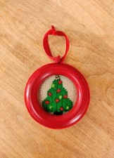 Handmade Needlepoint Cross Stitch Christmas Tree, Framed Vintage Ornament