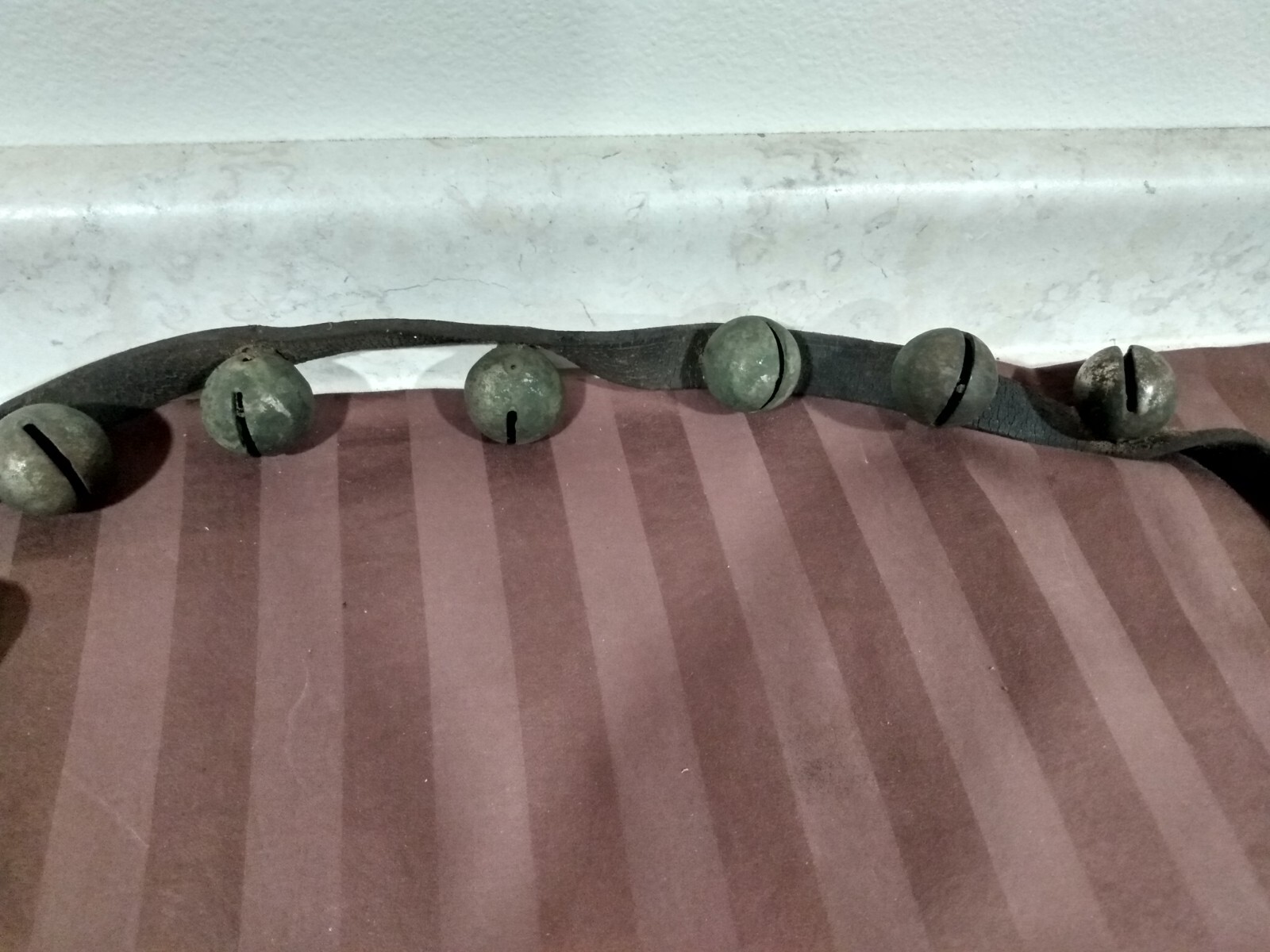 Antique Brass Sleigh Bells 60in Leather Strap 15 Bells Weathered