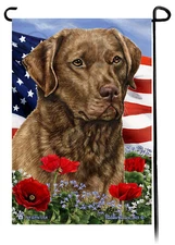 Patriotic Flowers Garden Flag - Brown Chesapeake Bay Retriever