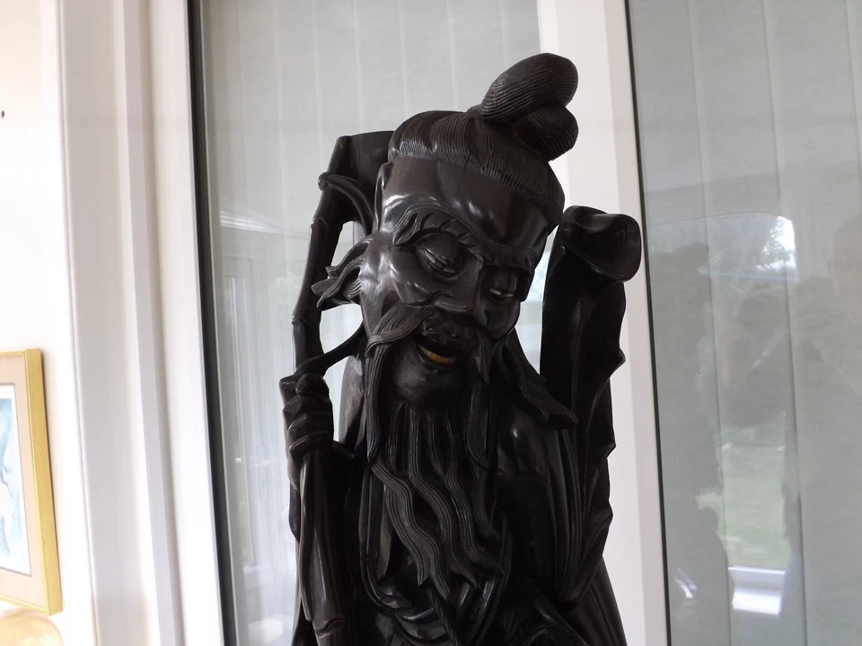 Old very Large 66cm Carved Wooden Chinese Figure Deity Fisher man boy & fish - Image 3 of 4